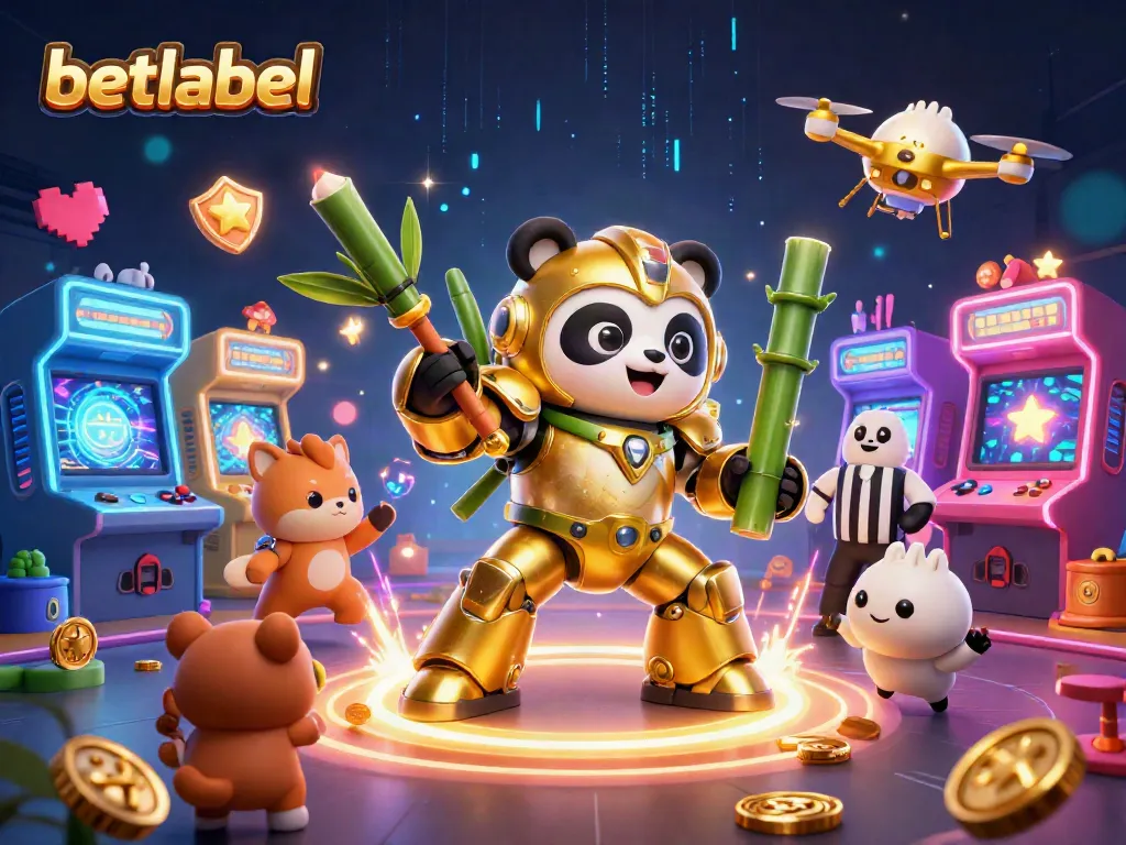 Betlabel showcases an exciting 3D cartoon scene with a mech-suit panda in a lively casino atmosphere.