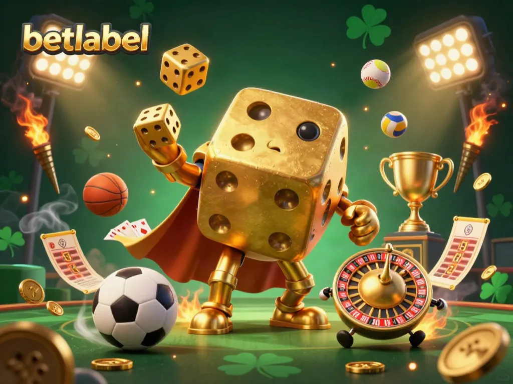 Engage with betlabel's thrilling sports betting experience surrounded by 3D golden dice and vibrant casino elements.