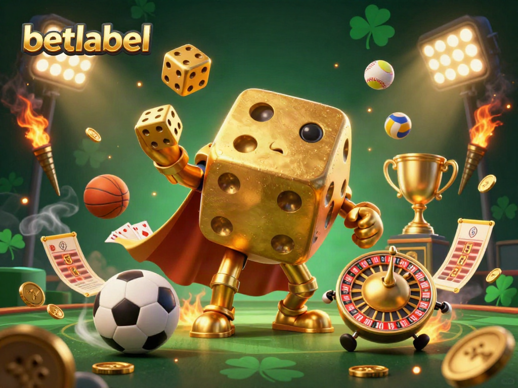 Engage with betlabel's thrilling sports betting experience surrounded by 3D golden dice and vibrant casino elements.