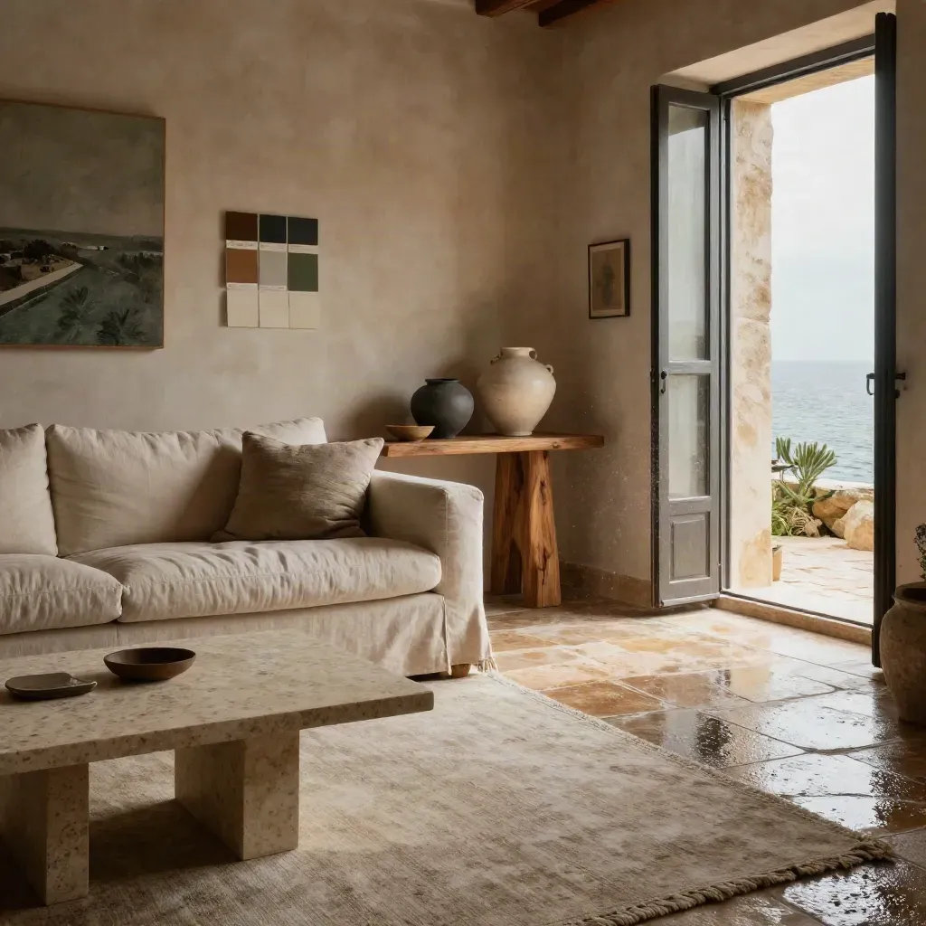 Salón mediterráneo con sofá de lino, travertino, cerámica y luz dramática tras la lluvia.