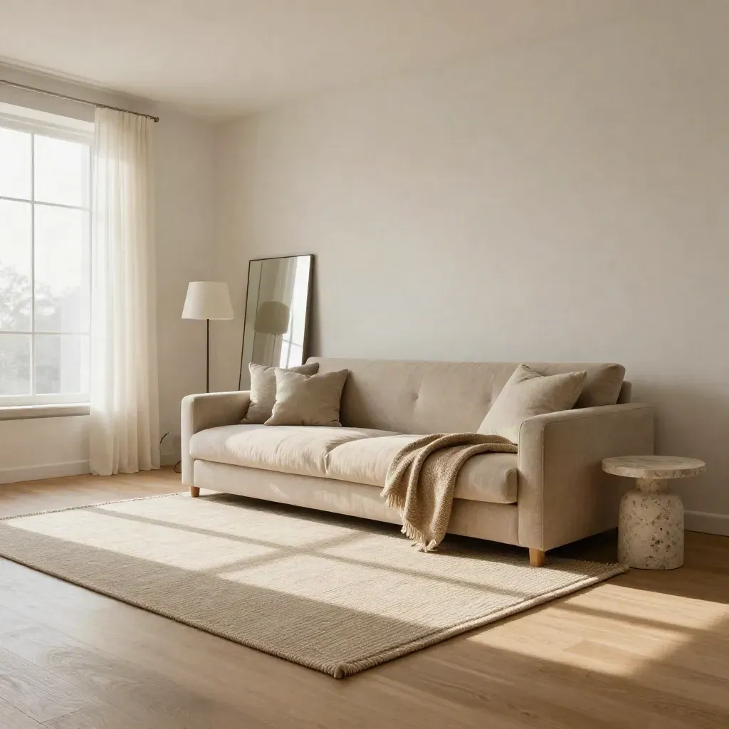 Salón vacío transformado con sofá neutro, alfombra, lámpara y espejo para venta inmobiliaria.