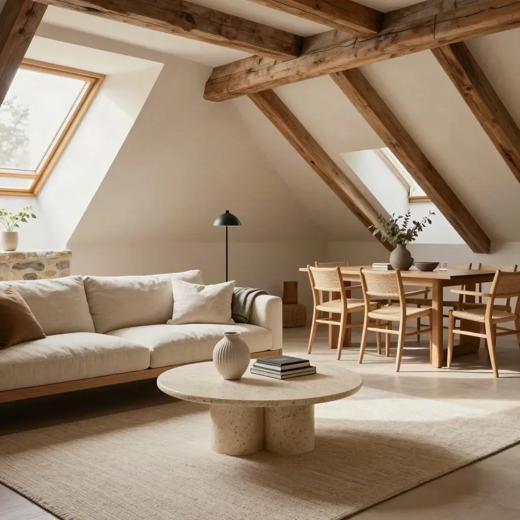 Ático luminoso con salón y comedor unidos, tonos cálidos y luz natural suave.