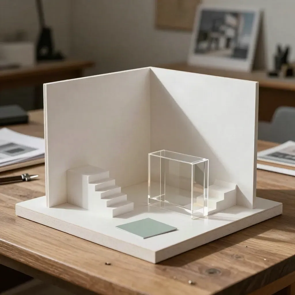 Maqueta 3D en montaje con bloques acrílicos y base limpia sobre banco de madera.