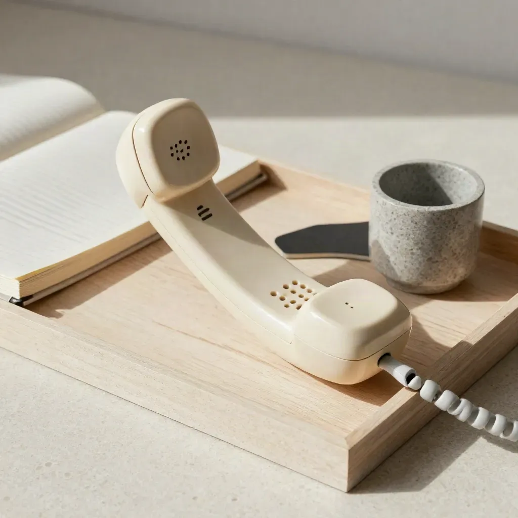 Teléfono crema sobre travertino junto a cuaderno de lino y taza de piedra