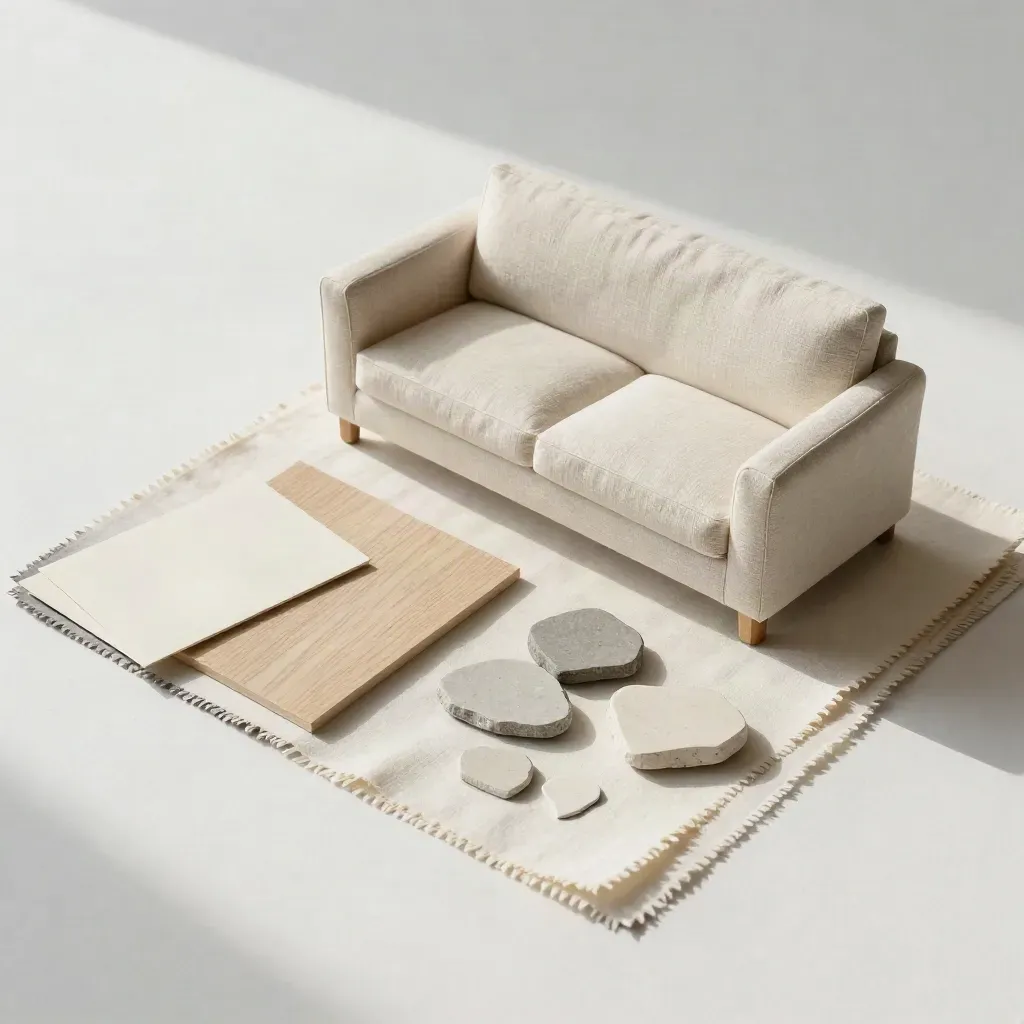 Tablero de propuesta con muestras de tejidos, madera, pintura y una maqueta de sofá sobre fondo claro.