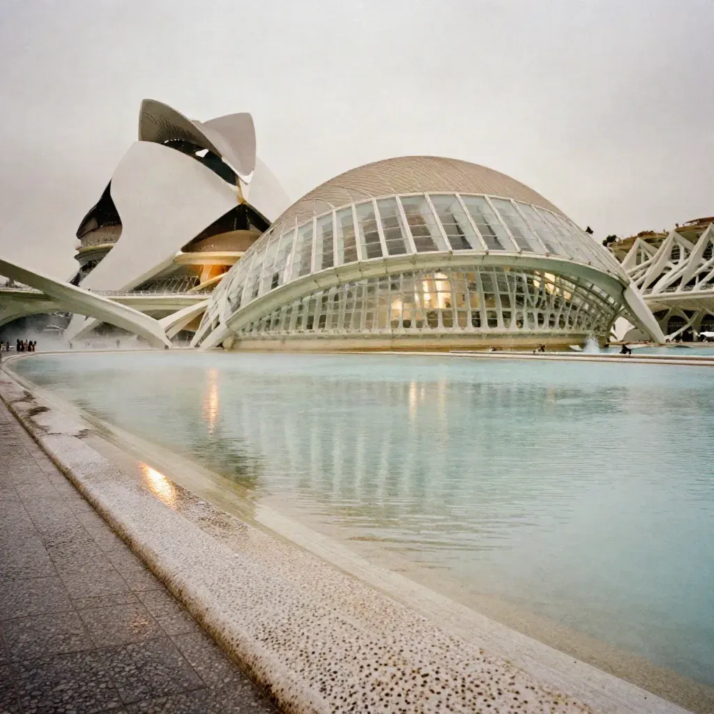 Ciudad de las Artes y las Ciencias sobre agua y bruma al atardecer, con espacio calmado para texto.