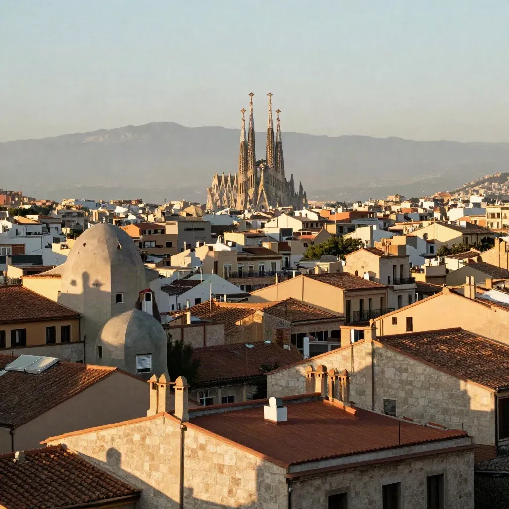 Barcelona al atardecer con la Sagrada Família sobre tejados del Eixample y bruma marina.
