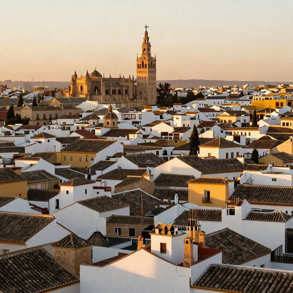 Sevilla con la Giralda sobre tejados blancos y terracota al atardecer, envuelta en calima.