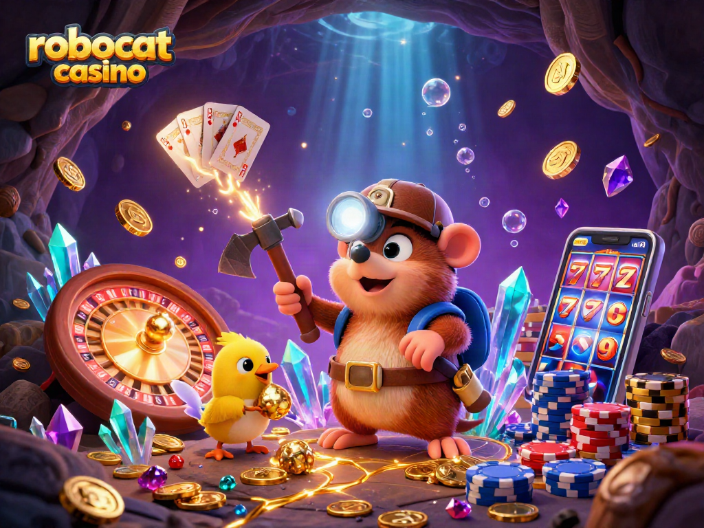 Experience the thrill of robocat casino with our vibrant illustration showcasing winning moments with treasures and games.