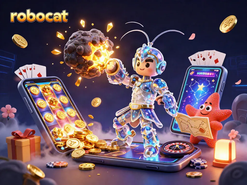 Engage with the robocat in a vibrant casino scene filled with slots, cards, and golden coins.