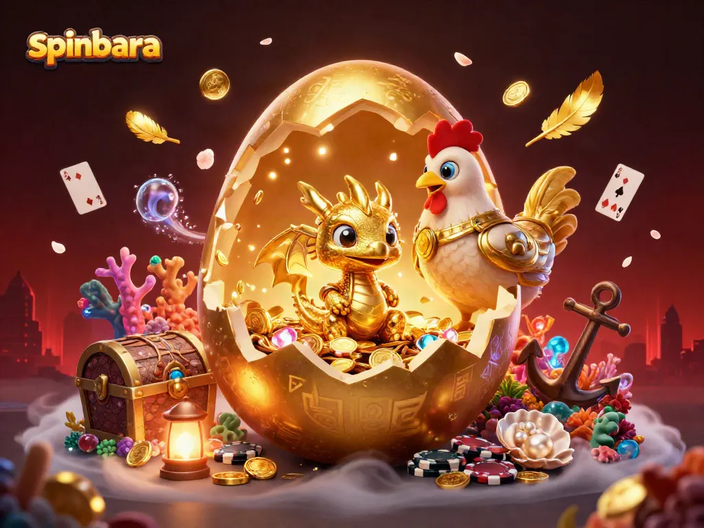 Engage in thrilling games at Spinbara, featuring a golden dragon amidst casino symbols and rich treasures.